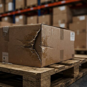 battered and wet cardboard box at a big warehouse as the sign of the problem in logistic and delivery