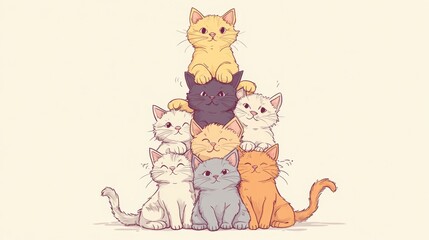 Playful kittens stacked joyfully in a cozy home environment cute illustration whimsical perspective