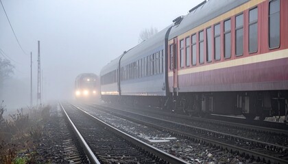 Obraz premium train approaching on misty railway tracks
