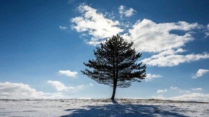 Silhouette of a pine tree standing tall winter landscape photography daytime scenic view nature's beauty