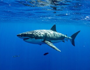 Fototapeta premium majestic great white shark swimming gracefully in clear blue ocean waters