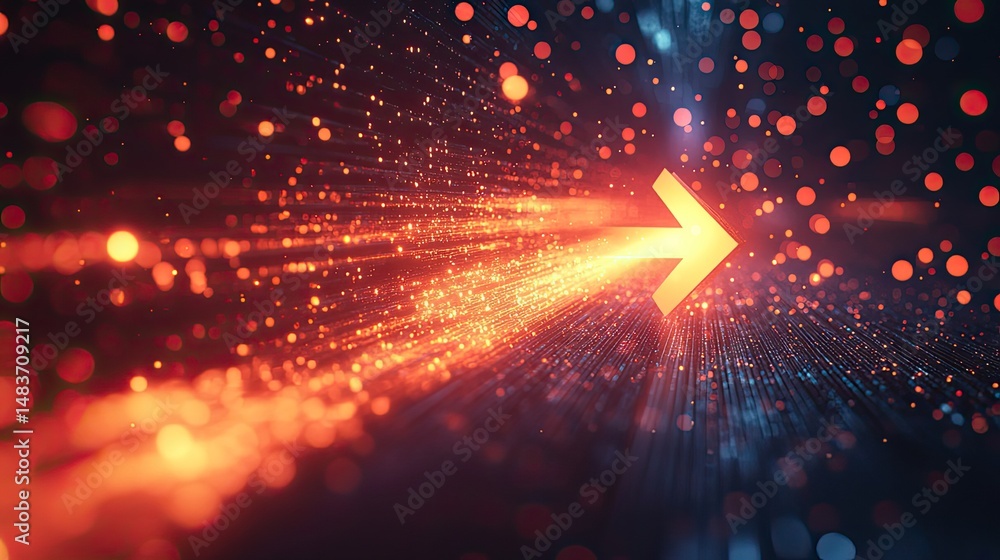 Poster a vibrant arrow illuminated by streaks of light amidst a bokeh filled dark space pointing rightward