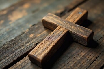 Close-up of a simple wooden cross, rustic texture, natural light , wood, gospel