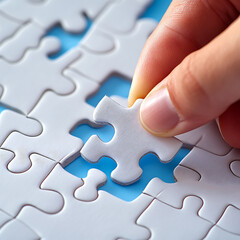 Hand Placing Final Piece in White Jigsaw Puzzle