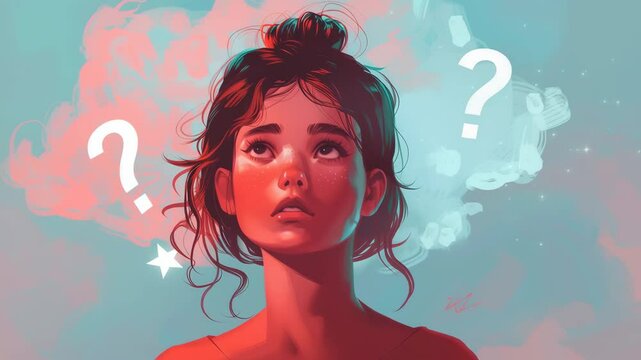 Illustration of girl with question mark in cloud above head.