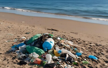 Garbage on the beach, Polluted beach, Trash and plastics on the beach
