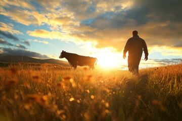 Fototapeta premium Rural Bliss: Farmer in Sunny Countryside with Cows and Fields Showcasing Sustainable Livestock Food Practices in New Zealand