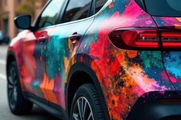 Close-up of vibrant vehicle wrap design, showcasing intricate details and bold colors , vehicle, artwork