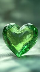 Green emerald heart gemstone on soft green background