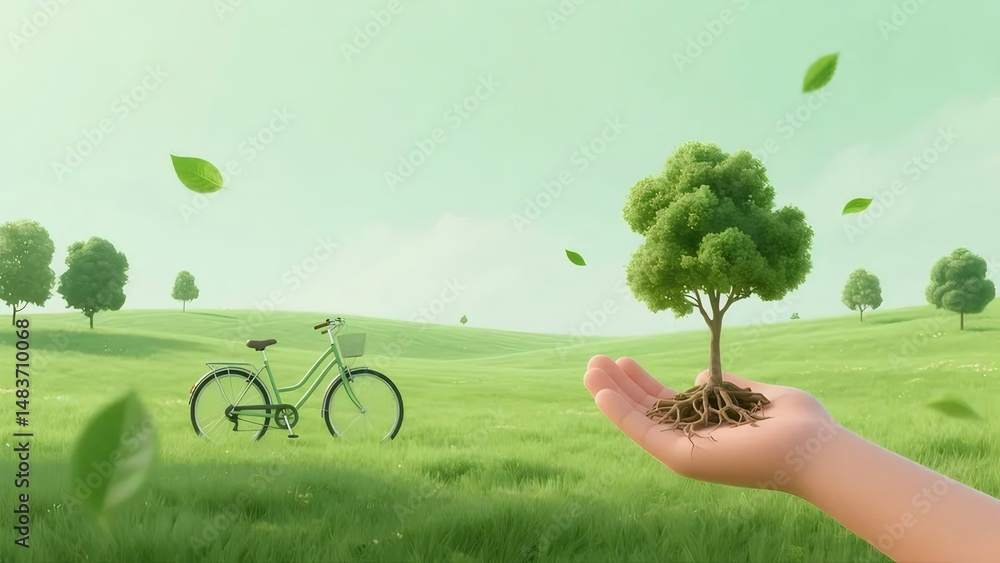 Aufkleber グリーンの草原に自転車があり手に木を持つ環境保護のイメージ