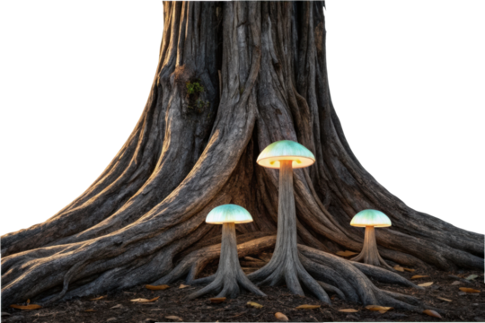PNG Glowing mushrooms at tree base in serene night forest setting
