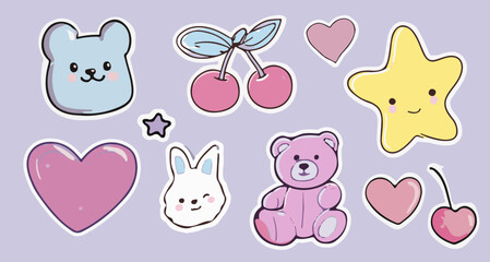 Obraz premium Cute vector illustration in kawaii cartoon style: smiling stars, animal faces, cherries, hearts, all outlined in white. Soft pastel colors: purple, pink, yellow dominate the palette.
