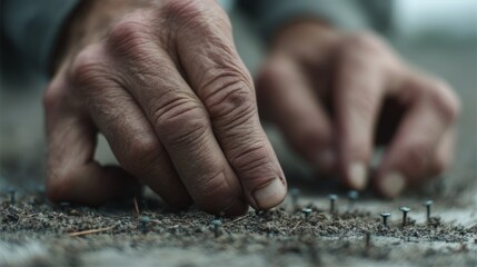 Weathered hands delicately placing nails on a rugged surface, showcasing craftsmanship and attention to detail.