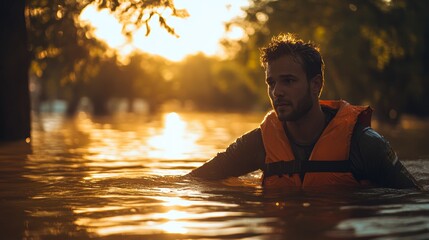 Rescue team member wading through floodwaters at sunset