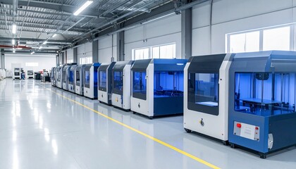 a row of advanced industrial 3d printers in an empty factory