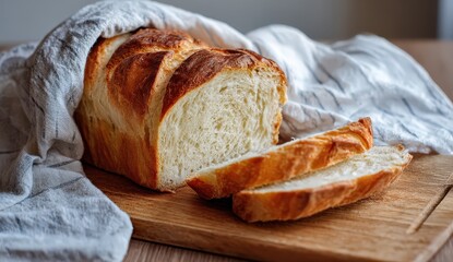 Freshly baked loaf of bread partially covered by a cloth on a wooden board.