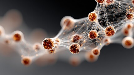 Abstract close-up of interconnected spheres with web-like structures against a dark background.