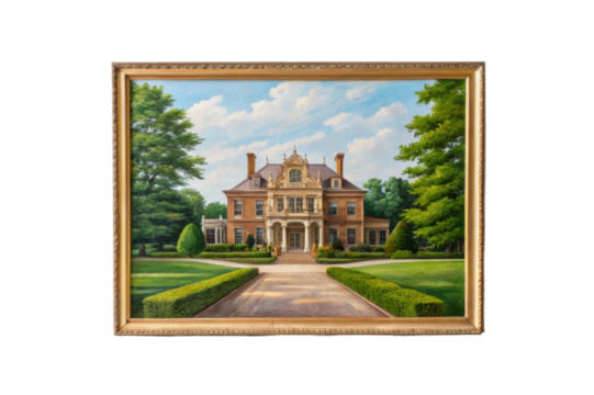 PNG Elegant mansion painting with lush greenery in ornate frame