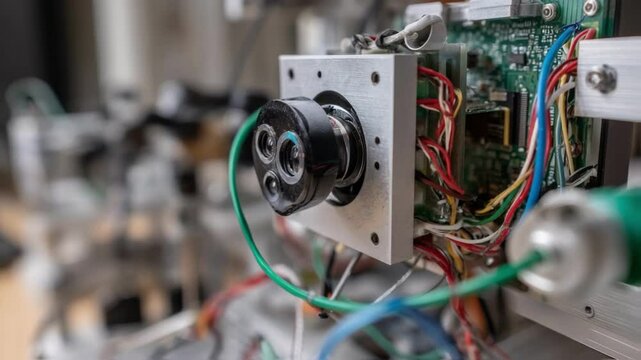A closeup view of the robots vision system highlighting the intricate camera lenses and circuit boards that enable realtime object recognition and decisionmaking.