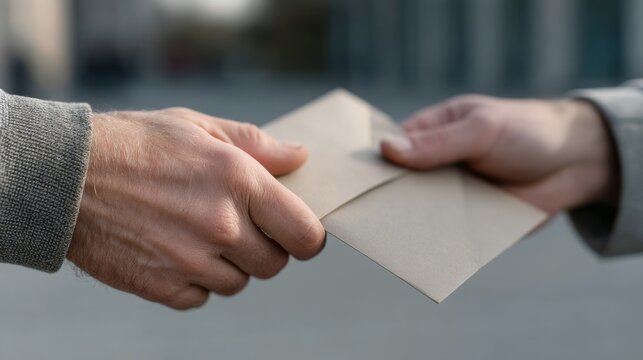 Two hands exchange an envelope against a blurred background, hinting at a transaction or message delivery.