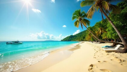 Fototapeta premium Golden sand meets turquoise waves, palm trees sway gently , beach background, sand