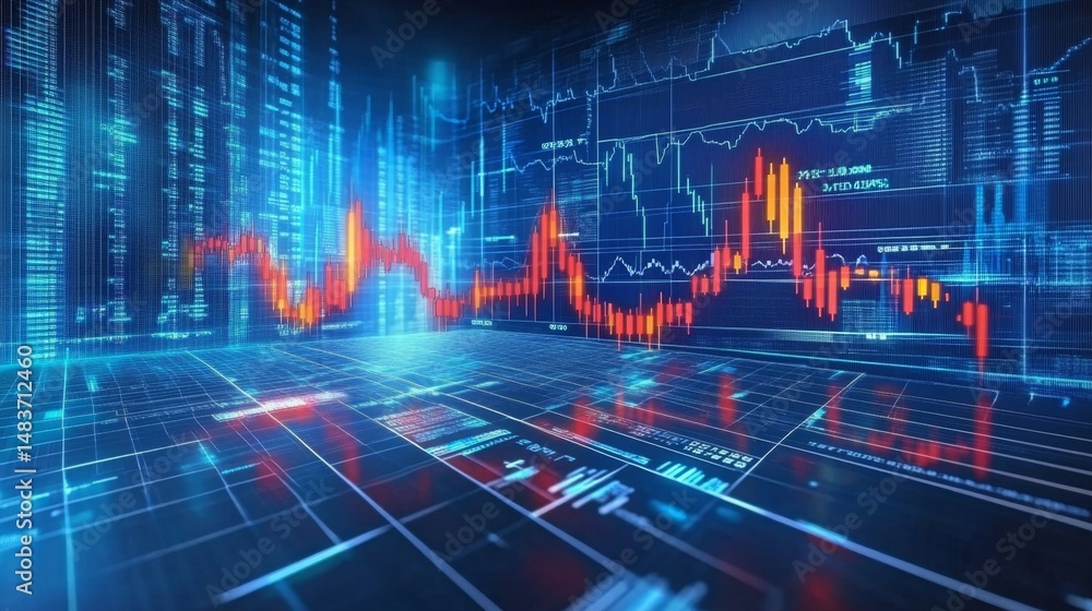 Poster sleek digital finance trends dynamic graphic visualization in a glowing futuristic workspace environ
