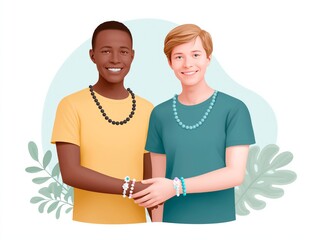 Fototapeta premium Two young men, one with dark skin and the other with light skin, are smiling and wearing colorful beaded bracelets, showcasing friendship and cultural diversity in a vibrant illustration
