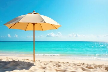 Large beige beach umbrella partially open on sandy shore, ocean, beige, pole