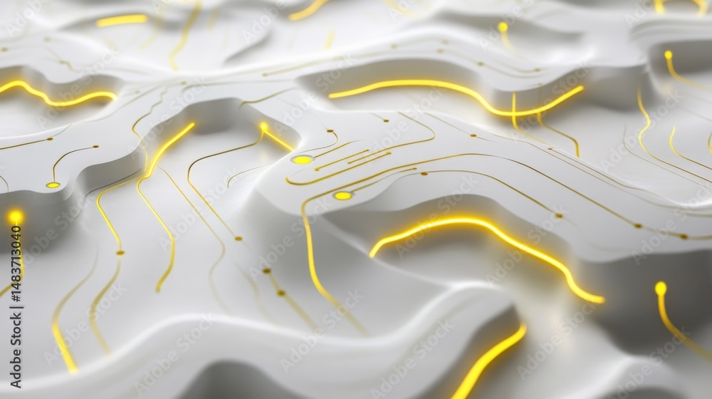 Poster exploring a sleek white backdrop with yellow circuit patterns in modern design abstract art technolo
