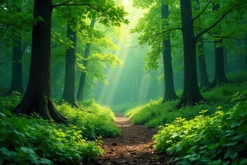 Lush green forest background, perfect for nature themes , untouched, leaves, mystical