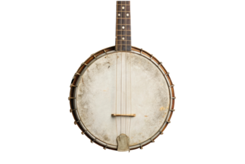 PNG Close-up of vintage banjo on black background