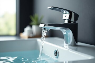 Modern chrome bathroom faucet with flowing water, close-up view , contemporary, luxury, shiny