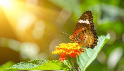 Obraz premium butterfly on a bright flower golden light mist on leaves symbolizing tech and nature s connection