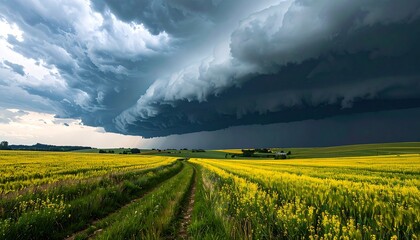 Obraz premium a quiet landscape with dark storm clouds looming in the background