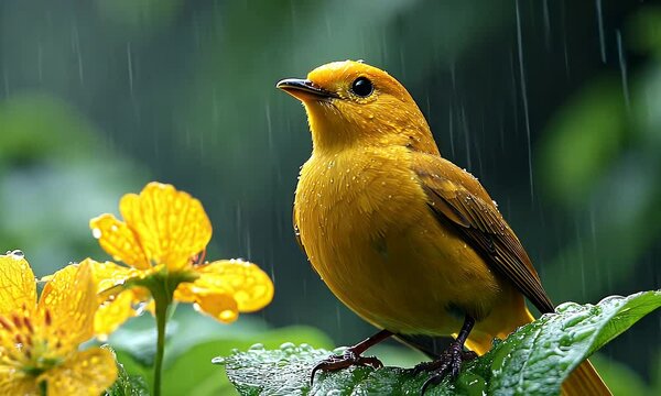Small yellow bird perched beside yellow flower in a shower of gentle rain