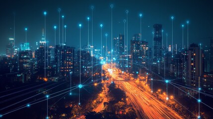 Fototapeta premium Illuminating the future a smart city skyline at night urban landscape digital connectivity nighttime tech integration