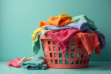 Overfilled laundry basket, overflowing with colorful clothes, room, textiles, basket