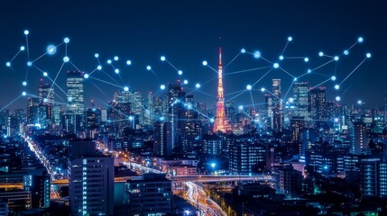 Fototapeta premium Illuminated smart city skyline at night tokyo digital communication network urban environment aerial view wireless connectivity concept