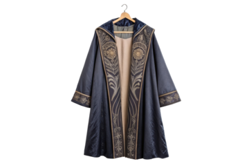 PNG Elegant blue velvet cloak with gold embroidery on hanger