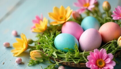 Fototapeta premium Pastel-colored eggs nestled in a spring flower arrangement , decoration, springtime