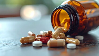 capsules and pills spilling from a brown bottle onto a table with an emphasis on modern medicine prescriptions and pharmaceutical solutions