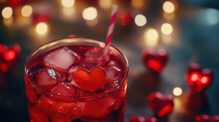 Romantic Cocktail for Valentine's Day with Heart-Shaped Red Fruits and Soft Background
