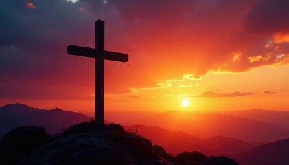 Silhouetted cross at sunset, signifying hope and redemption , jesus, divine intervention, divine love