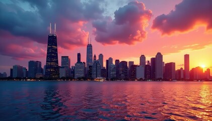 Obraz premium Stunning panoramic view of the Chicago skyline at sunset, showcasing iconic skyscrapers and Lake Michigan , architecture, night