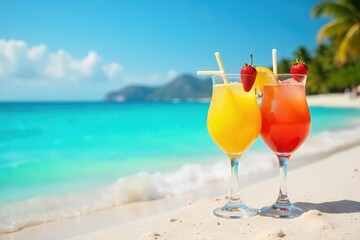 Vibrant cocktails on sunny beach, turquoise water , beach, glass, waves