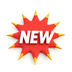 3D Red and Gold "New" Starburst Badge, Eye-catching 3D rendered "NEW" label with a vibrant red and gold starburst design, perfect for announcing new products or sales.