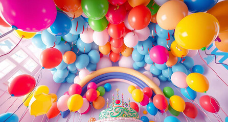 3D rendering of a birthday party featuring a rainbow and colorful balloons.  Chiaroscuro lighting. Greeting card mockup template with strong contrasts and deep shadows