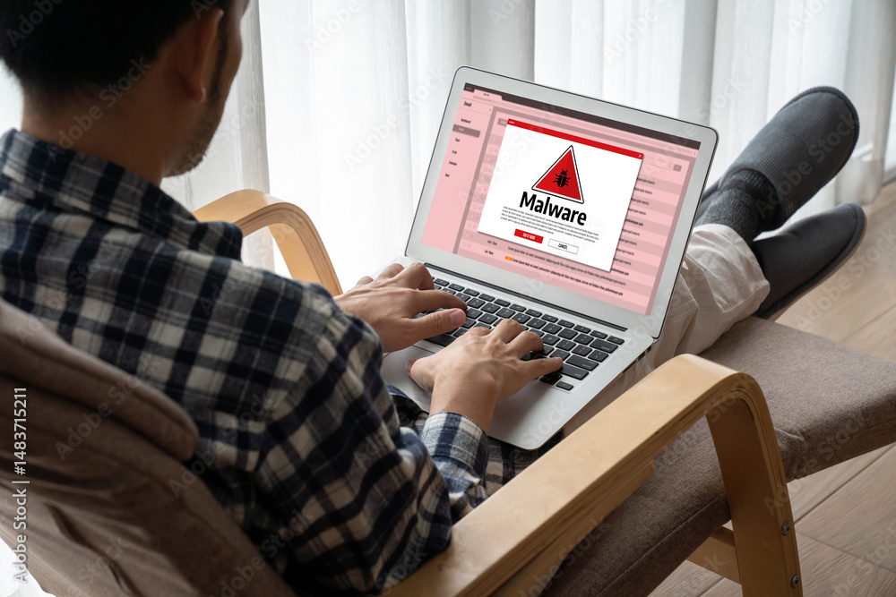 Poster cyber attacking concept. malware alert showing on computer screen display scam and threat detection 