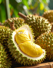 A Close-Up View of Fresh, Ripe Durian Fruits with Spiky Green Shells and Creamy Yellow Flesh, Displayed on a Rustic Wooden Table in Natural Sunlight with a Tropical Forest Background