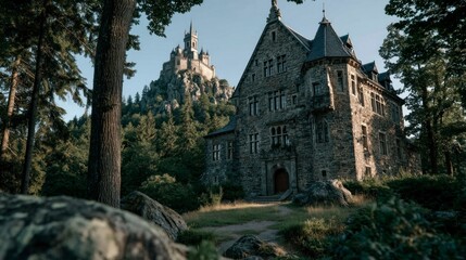 Fototapeta premium Enchanting Medieval Fortress Nestled in Lush Forest with Majestic Castle on Rocky Hilltop Idea